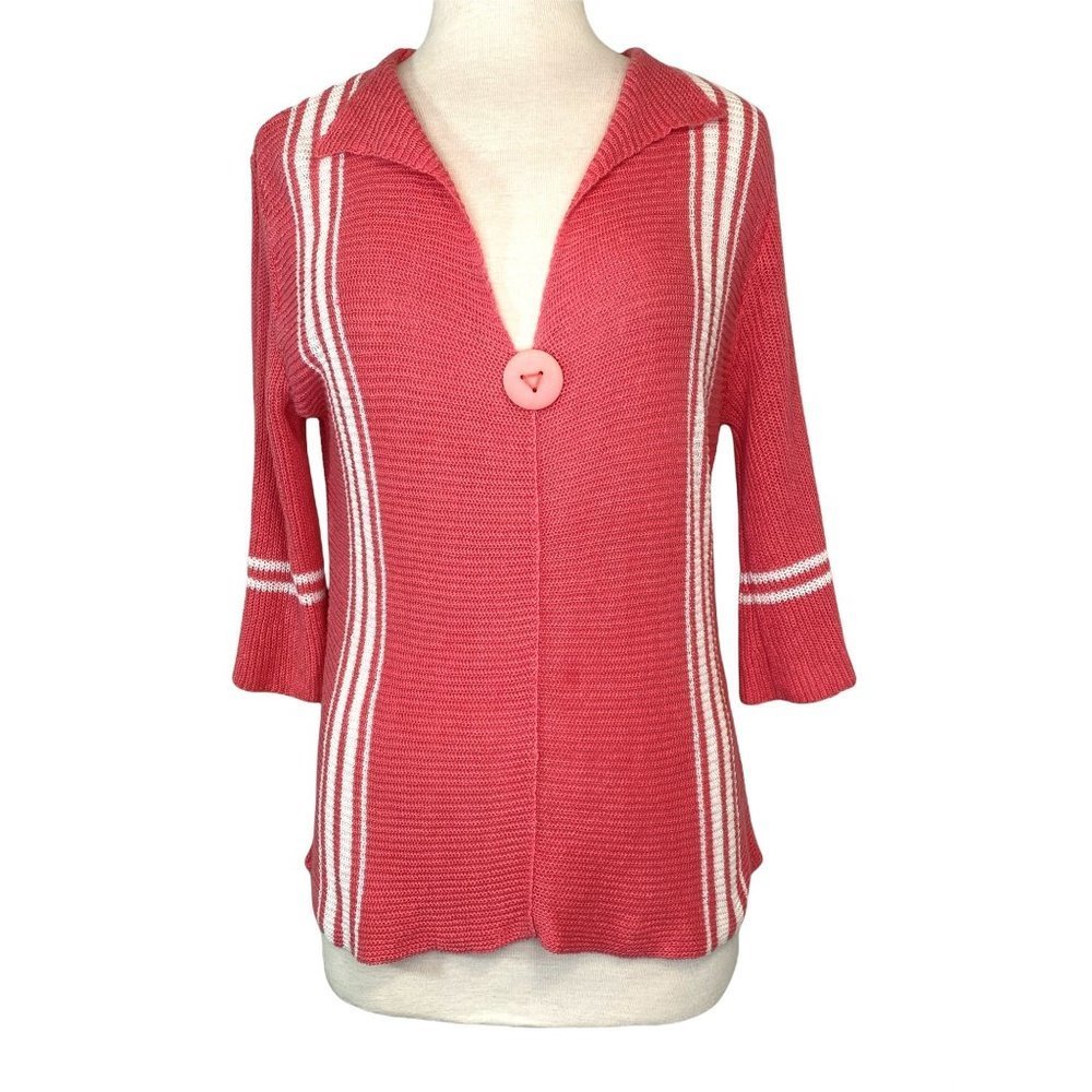 Avalin Linen Pink Coral and ivory Knit V-Neck Sweater 3/4 Sleeve Size M Medium